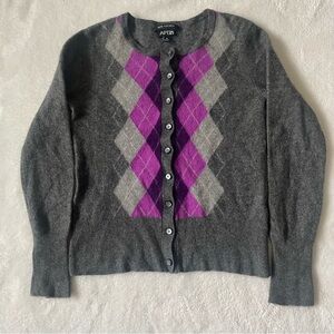 Apt. 9 100% Cashmere M Black Purple Argyle Knit Cardigan Sweater Dark Academia
